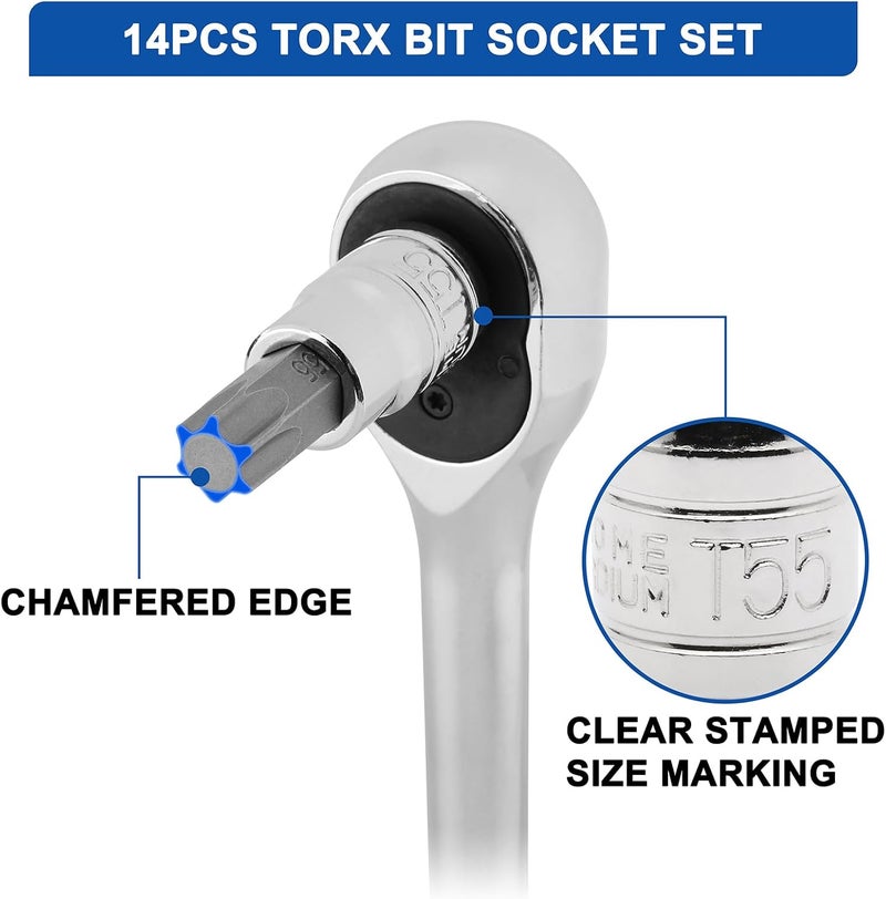 Mayouko 14PCS Torx Bit Socket Set, T6-T60, 1/4-Inch, 3/8-Inch and 1/2-Inch Drive, S2 and Cr-V Steel, Star Bits Socket Set - Image 5